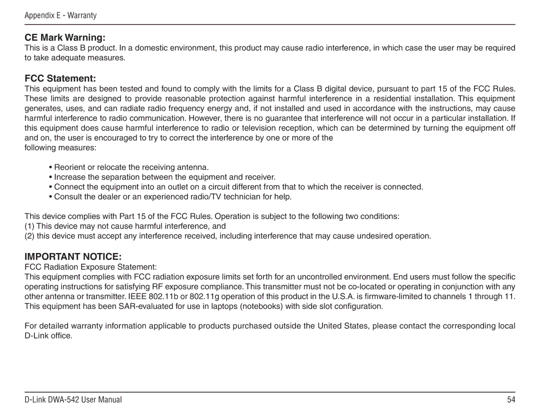 D-Link DWA-54 manual CE Mark Warning, FCC Statement 