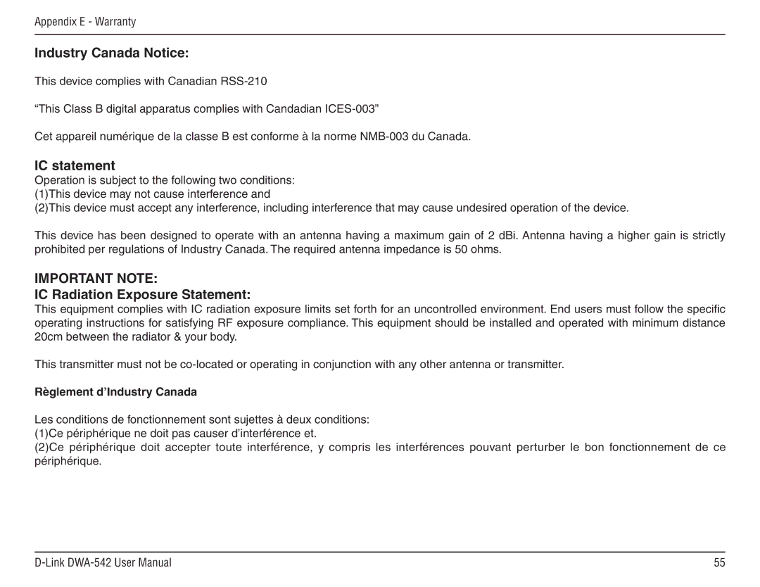 D-Link DWA-54 manual Industry Canada Notice, IC statement, IC Radiation Exposure Statement 