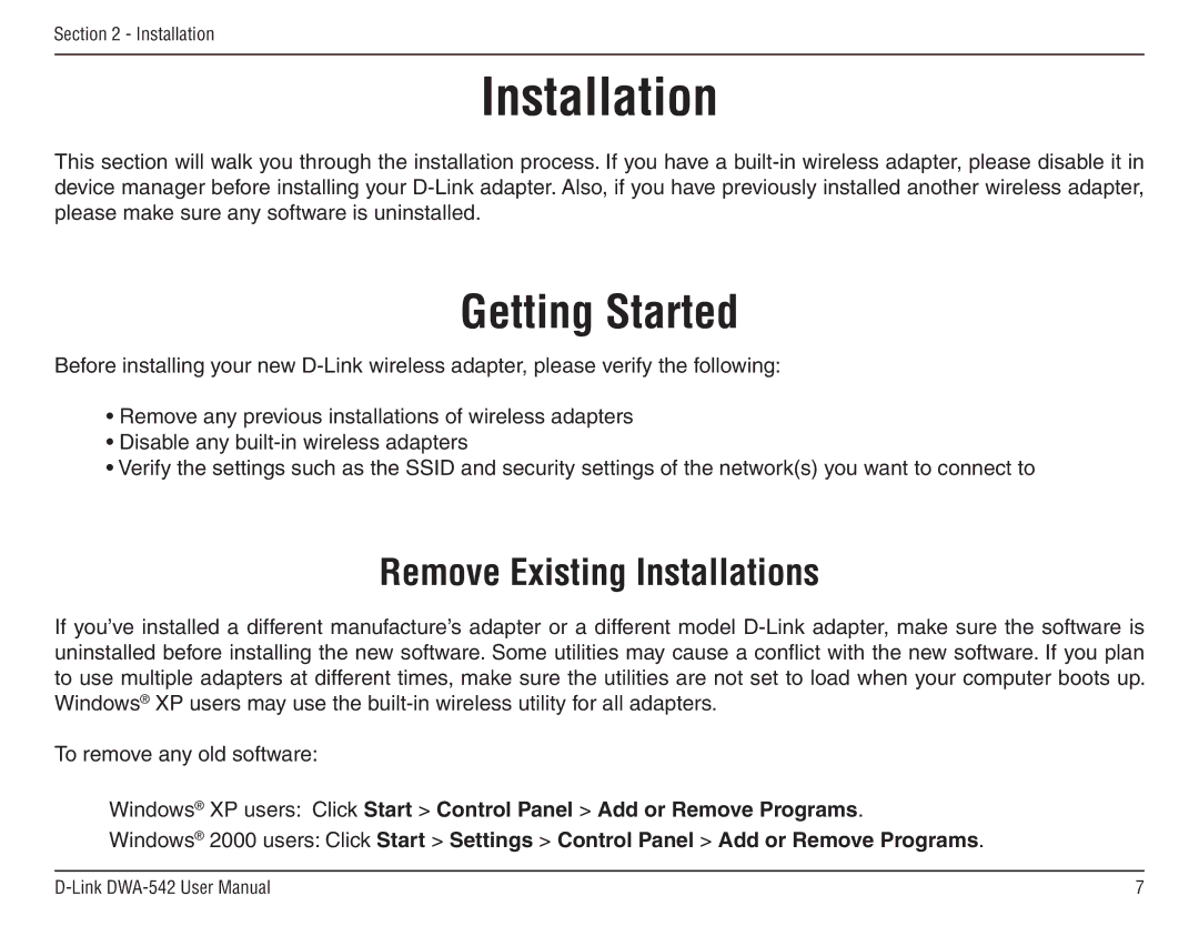 D-Link DWA-54 manual Getting Started, Remove Existing Installations 