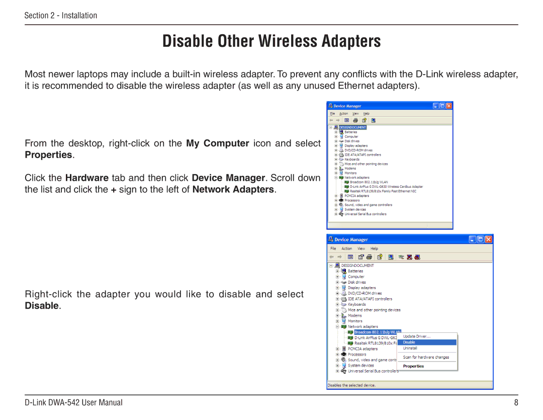 D-Link DWA-54 manual Disable Other Wireless Adapters, Properties 