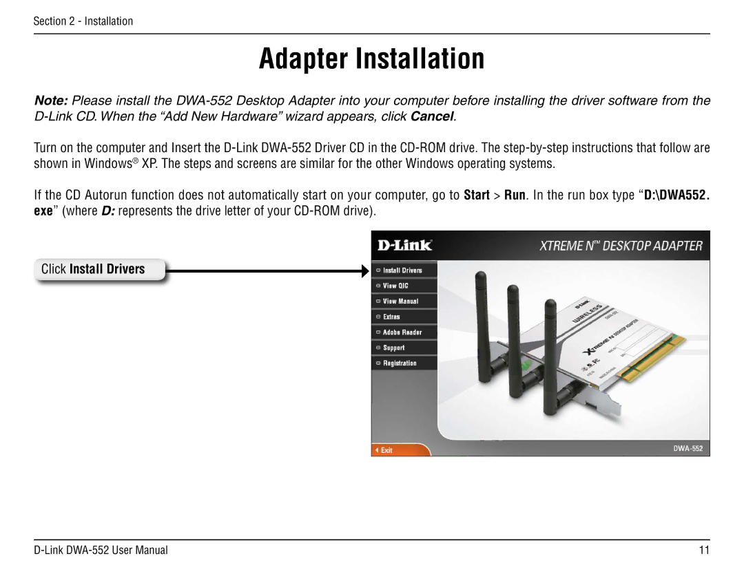 D-Link DWA-55 manual Adapter Installation, Click Install Drivers 