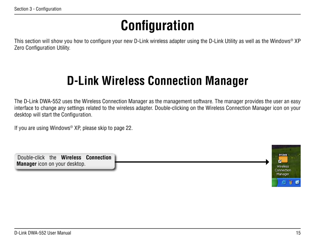 D-Link DWA-55 manual Configuration, Link Wireless Connection Manager, Double-click the Wireless Connection 