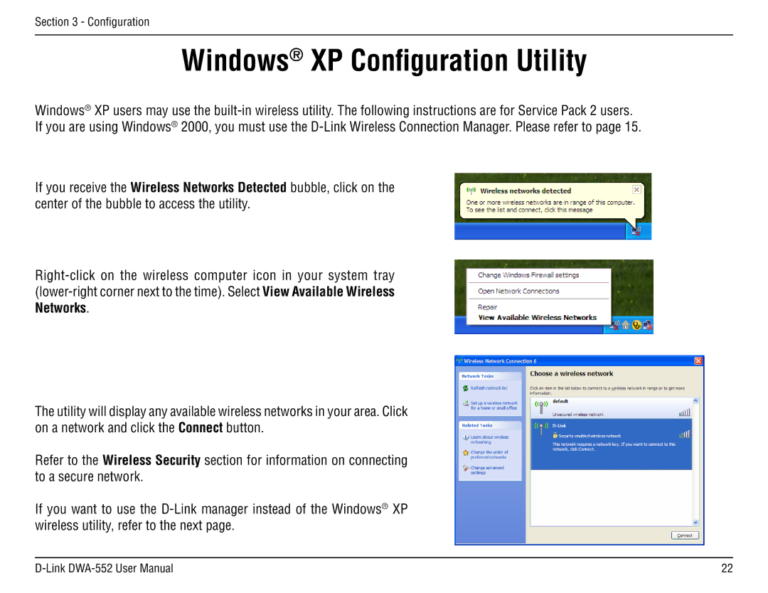 D-Link DWA-55 manual Windows XP Configuration Utility 