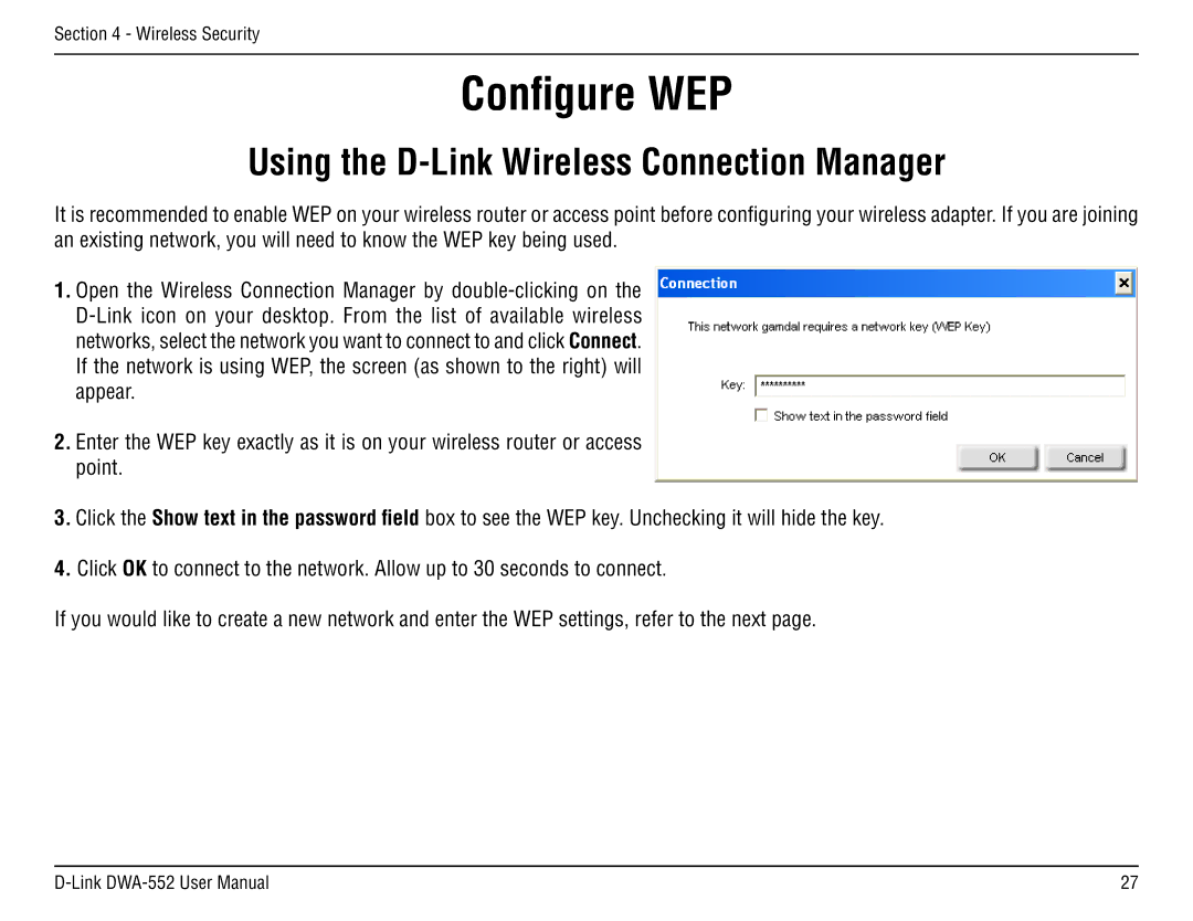 D-Link DWA-55 manual Configure WEP, Using the D-Link Wireless Connection Manager 