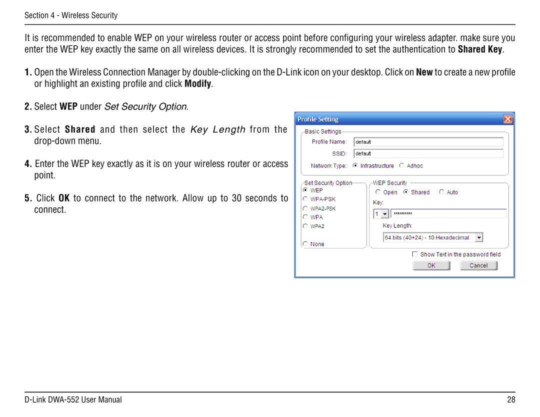 D-Link DWA-55 manual Select WEP under Set Security Option 