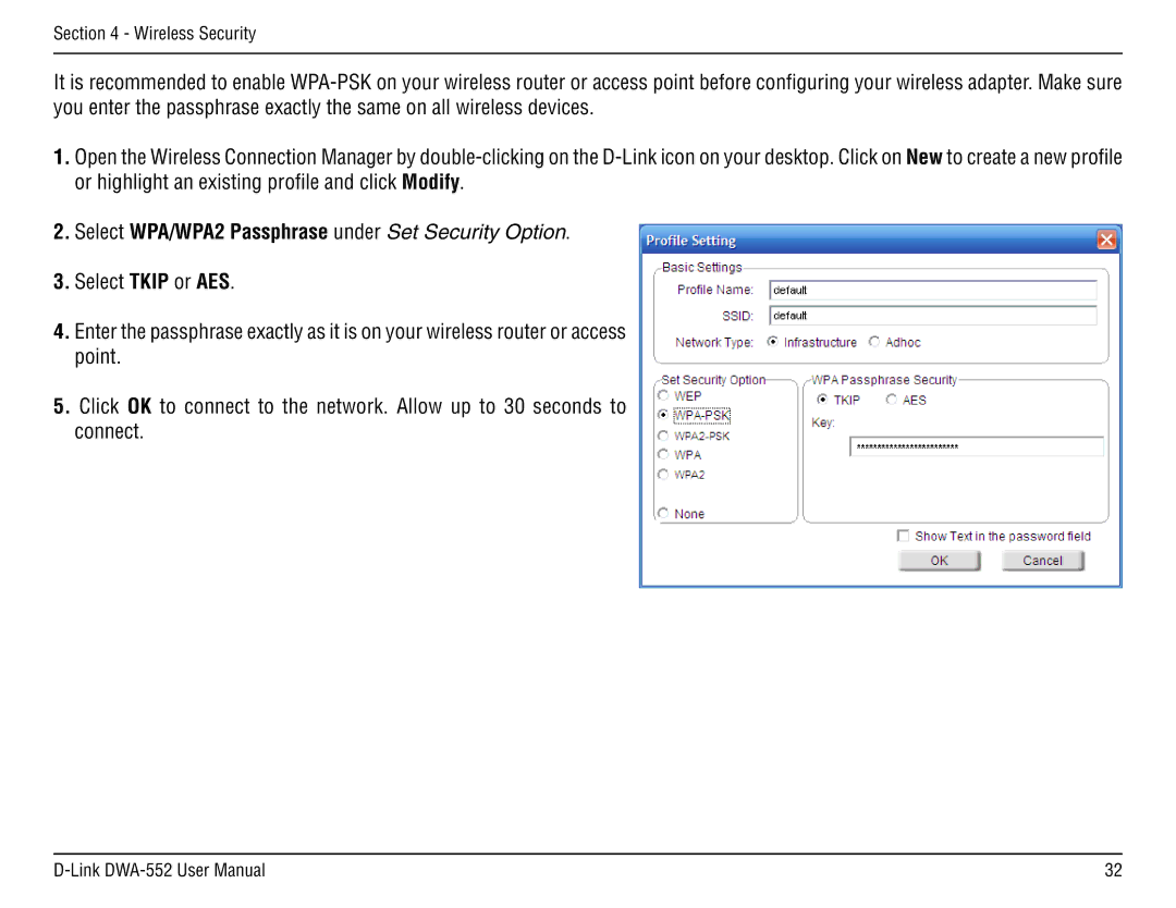 D-Link DWA-55 manual Select WPA/WPA2 Passphrase under Set Security Option 