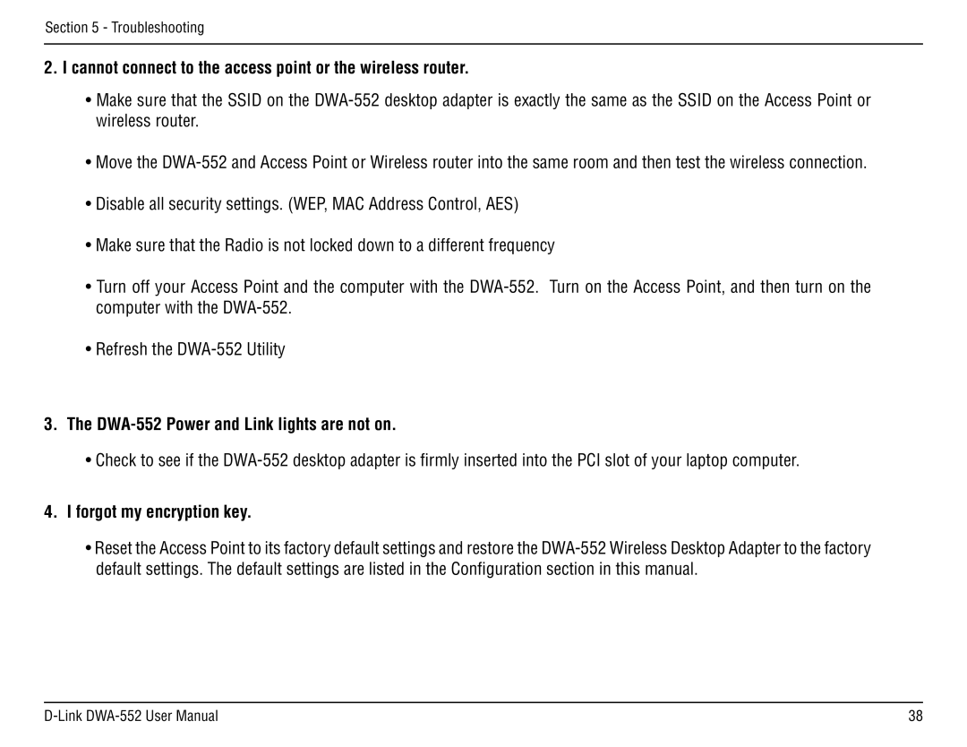 D-Link manual Cannot connect to the access point or the wireless router, DWA-552 Power and Link lights are not on 