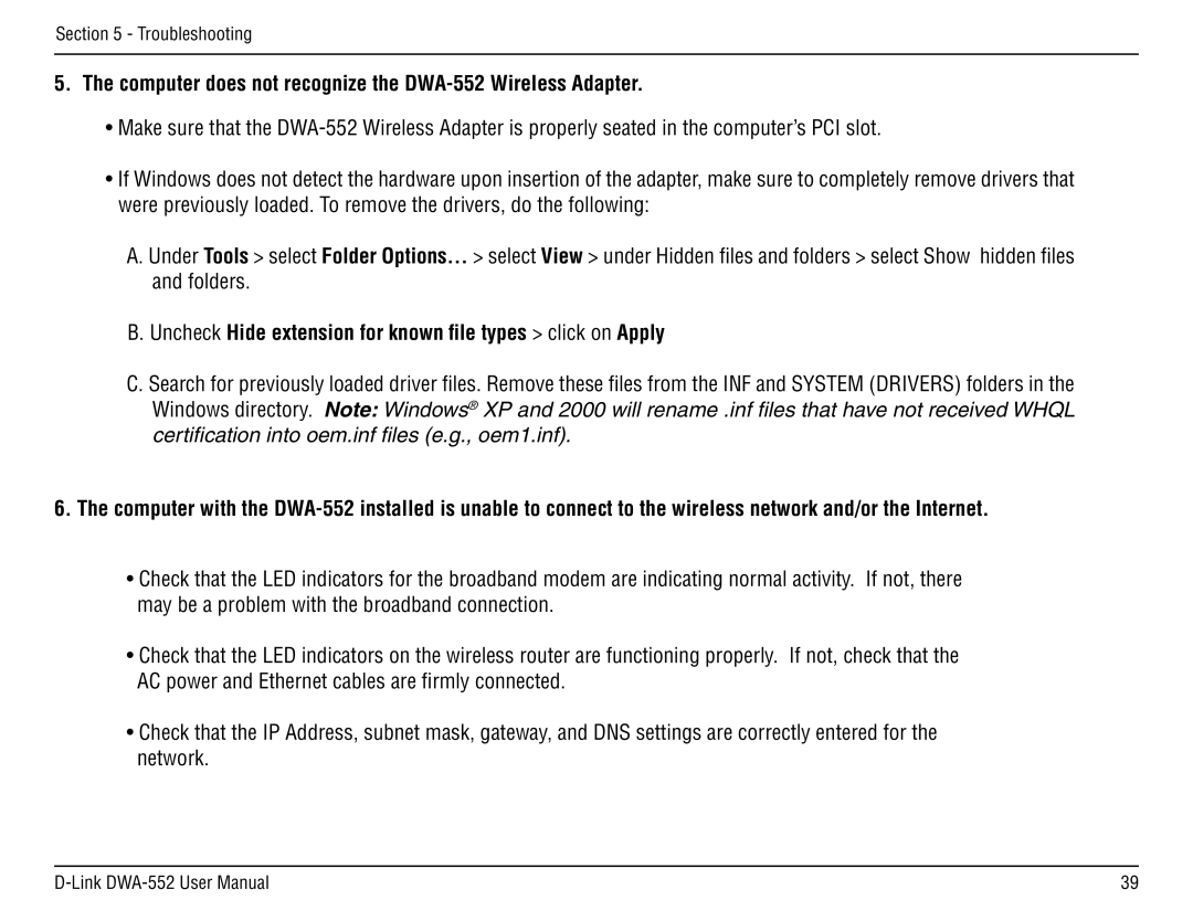 D-Link manual Computer does not recognize the DWA-552 Wireless Adapter 