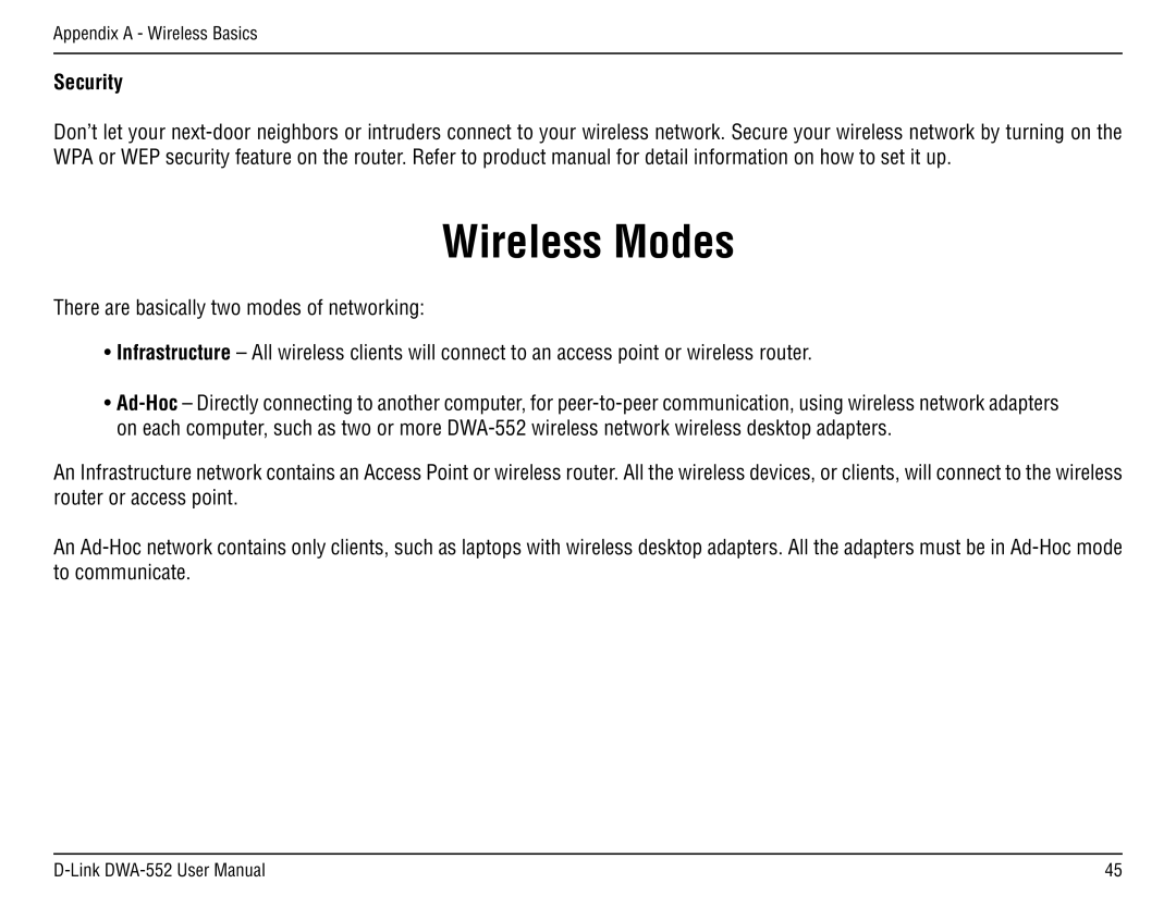 D-Link DWA-55 manual Wireless Modes, Security 