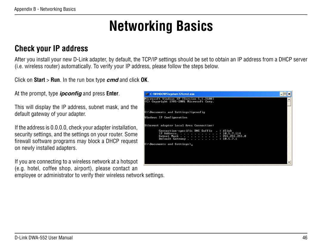 D-Link DWA-55 manual Networking Basics, Check your IP address 