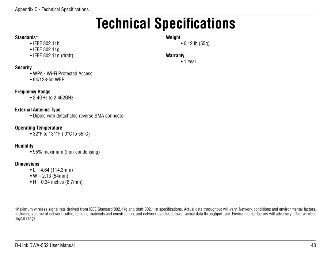 D-Link DWA-55 manual Technical Specifications, Dimensions 