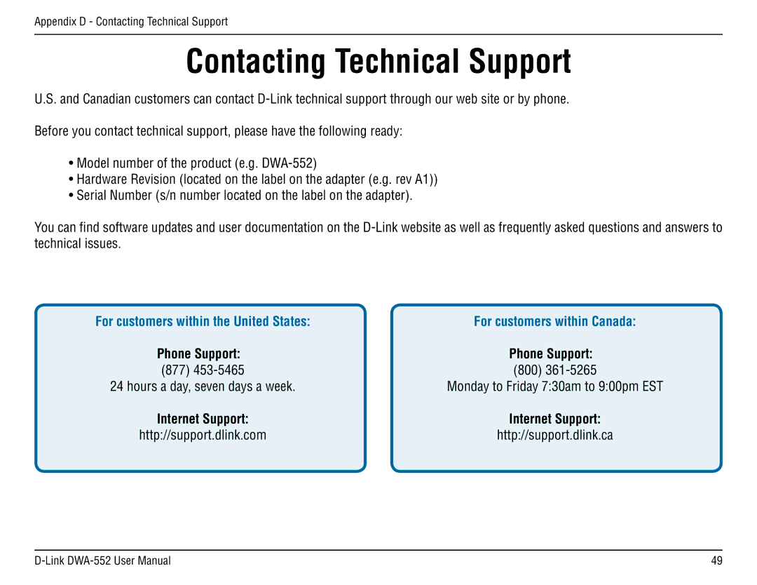 D-Link DWA-55 manual Contacting Technical Support, Phone Support 