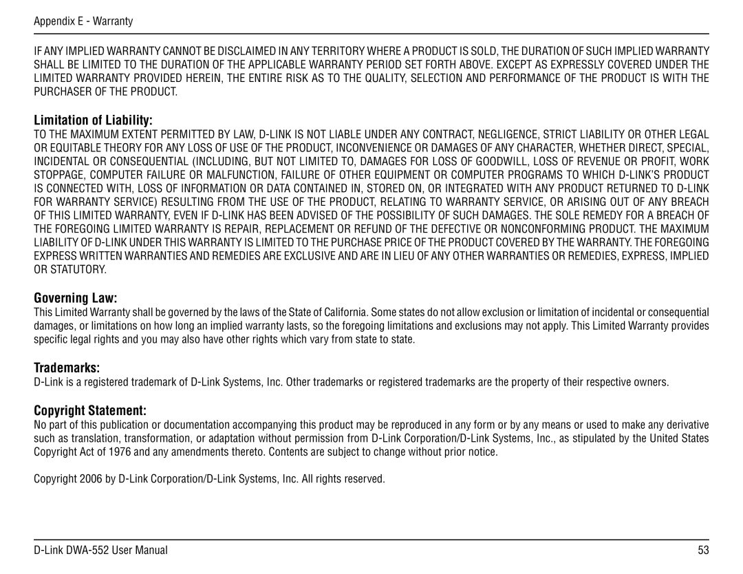 D-Link DWA-55 manual Limitation of Liability, Governing Law, Trademarks, Copyright Statement 