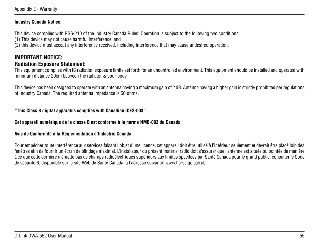 D-Link DWA-55 manual Radiation Exposure Statement, Industry Canada Notice 