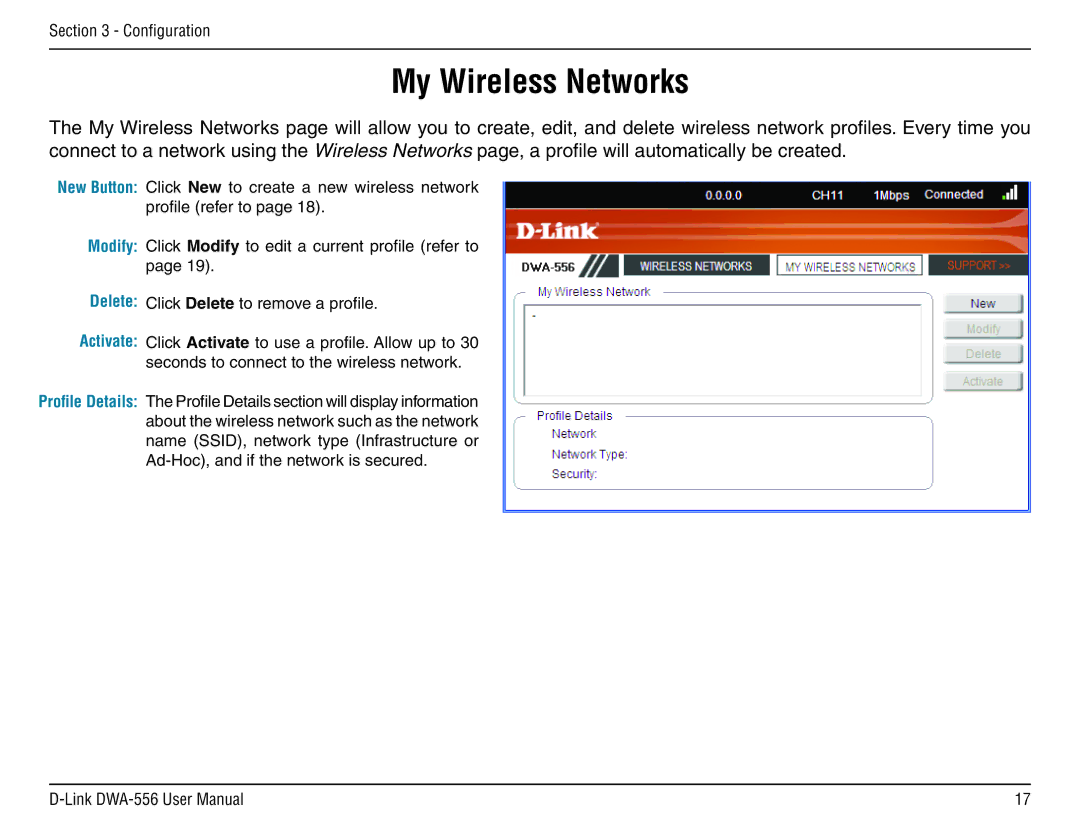 D-Link DWA-556 manual My Wireless Networks, New Button Modify Delete Activate 