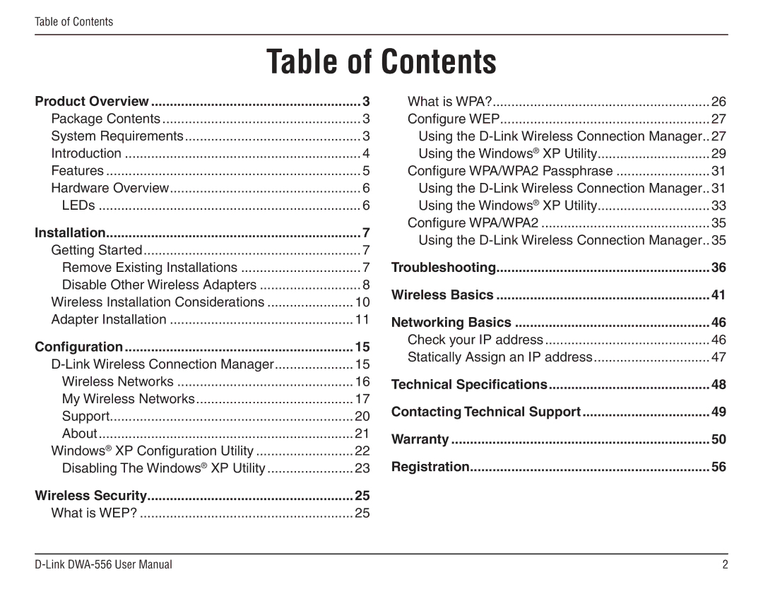 D-Link DWA-556 manual Table of Contents 