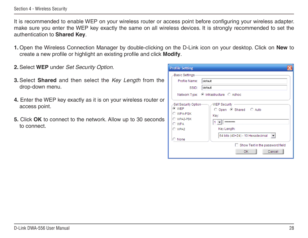 D-Link DWA-556 manual Select WEP under Set Security Option 