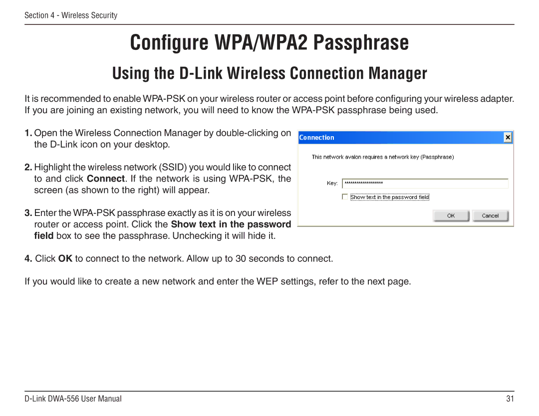 D-Link DWA-556 manual Configure WPA/WPA2 Passphrase, Using the D-Link Wireless Connection Manager 