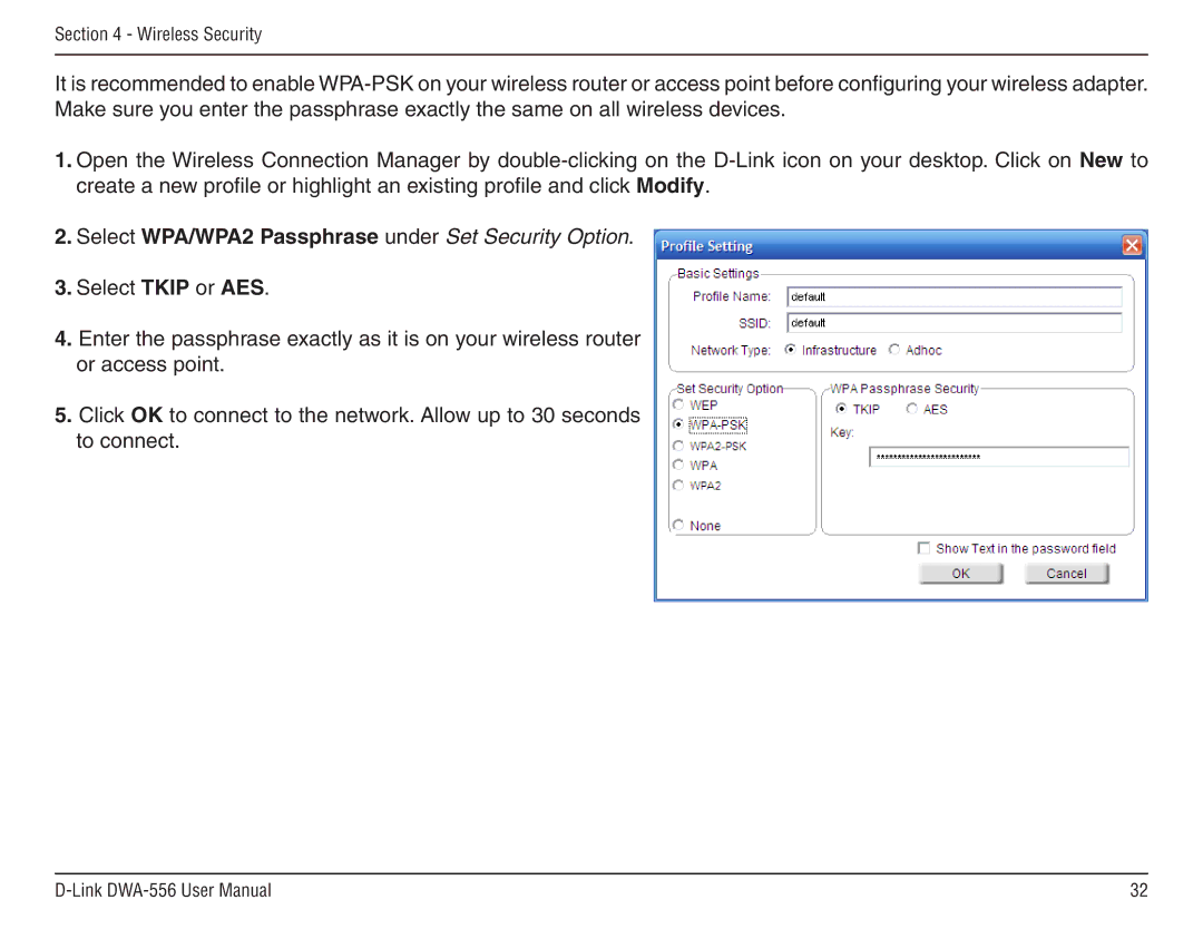 D-Link DWA-556 manual Select WPA/WPA2 Passphrase under Set Security Option 