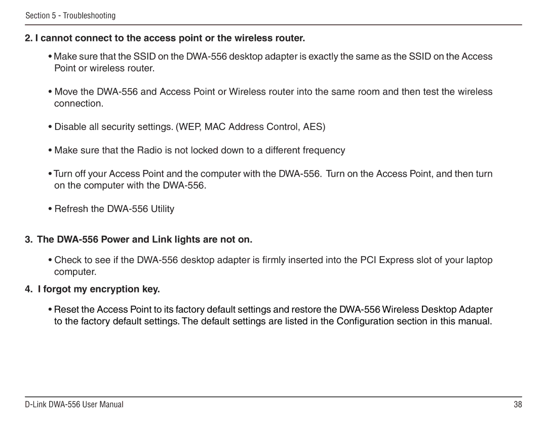 D-Link manual Cannot connect to the access point or the wireless router, DWA-556 Power and Link lights are not on 