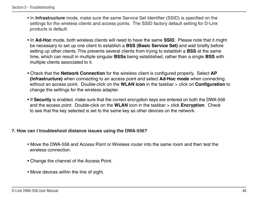 D-Link manual How can I troubleshoot distance issues using the DWA-556? 