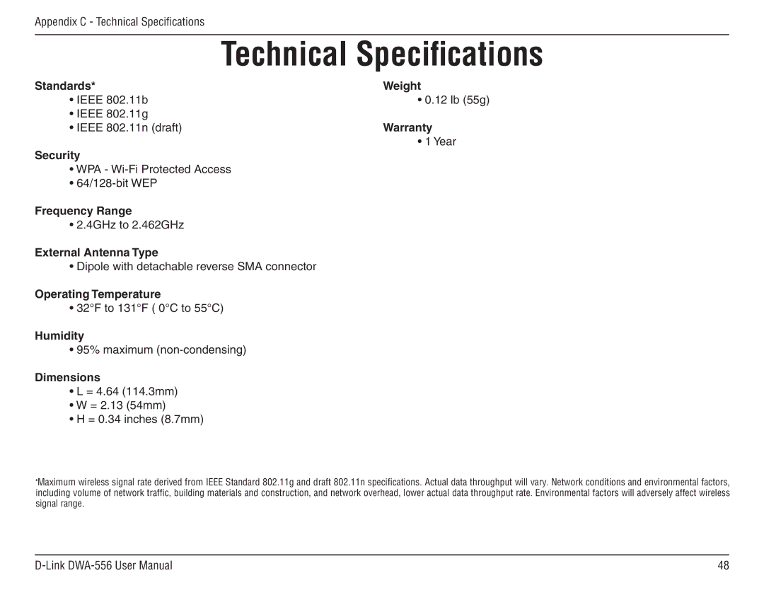 D-Link DWA-556 manual Technical Specifications, Dimensions 