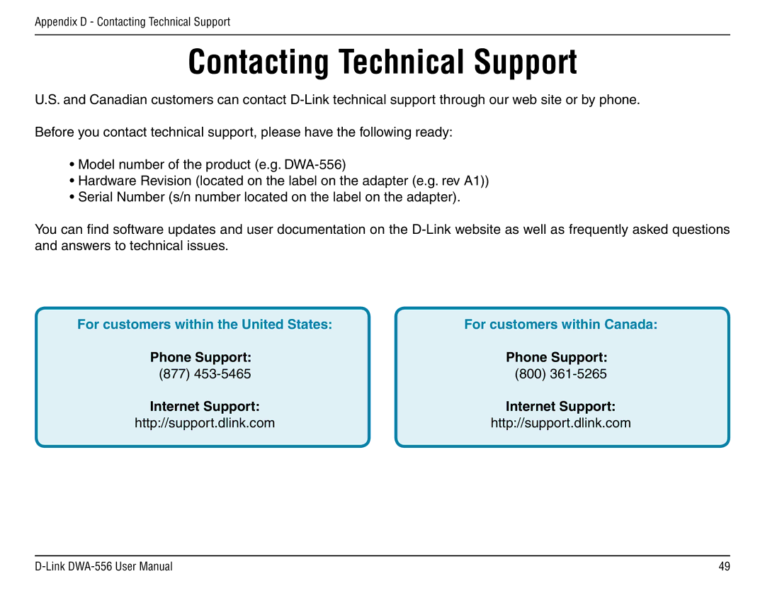 D-Link DWA-556 manual Contacting Technical Support, Phone Support 