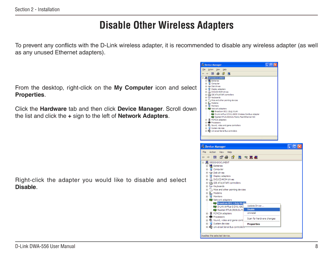 D-Link DWA-556 manual Disable Other Wireless Adapters, Properties 