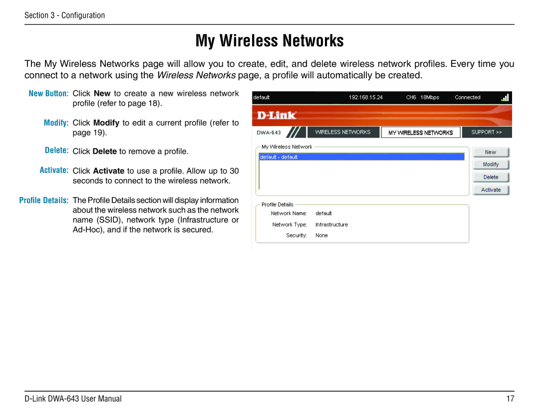 D-Link DWA-643 manual My Wireless Networks, New Button Modify Delete Activate 