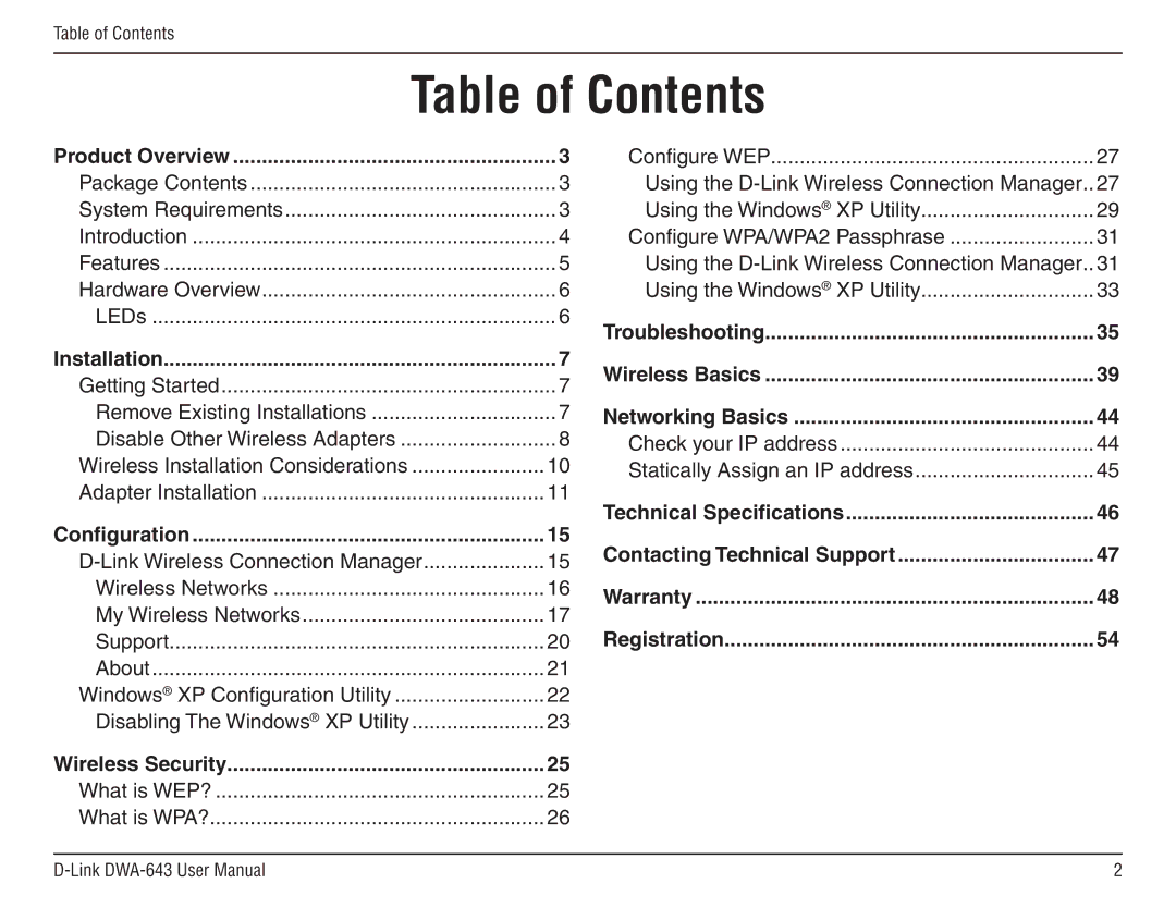 D-Link DWA-643 manual Table of Contents 