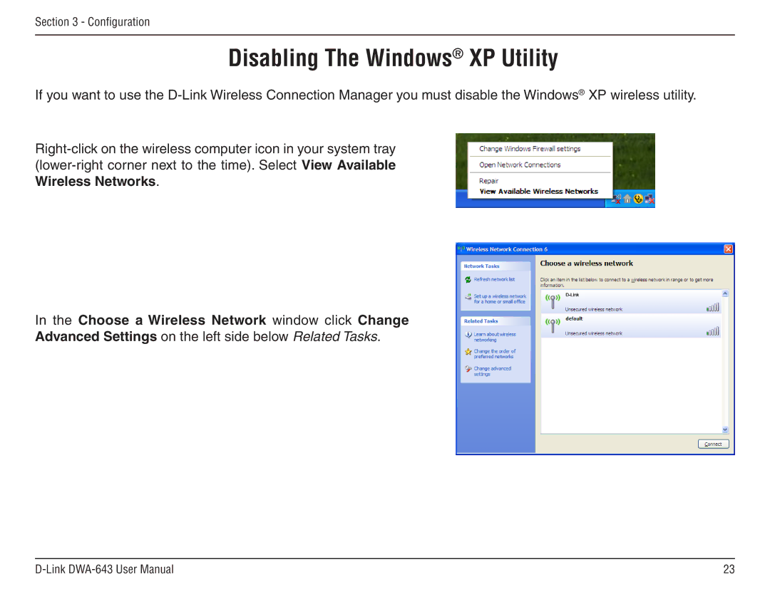 D-Link DWA-643 manual Disabling The Windows XP Utility, Choose a Wireless Network window click Change 