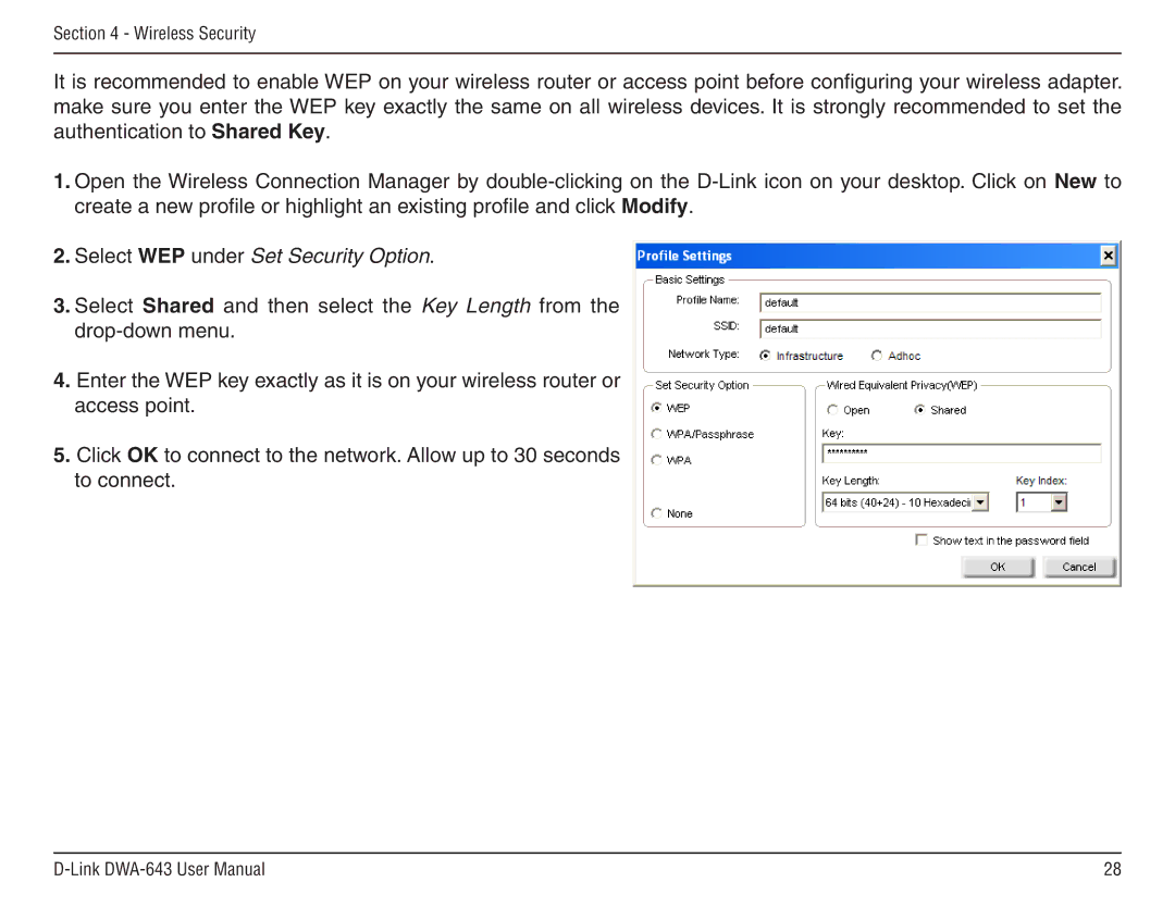 D-Link DWA-643 manual Select WEP under Set Security Option 