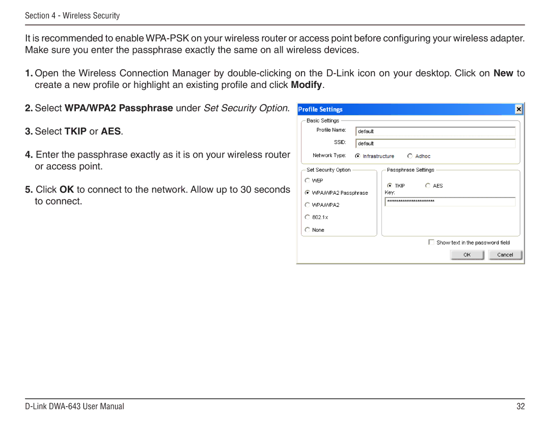 D-Link DWA-643 manual Select WPA/WPA2 Passphrase under Set Security Option 