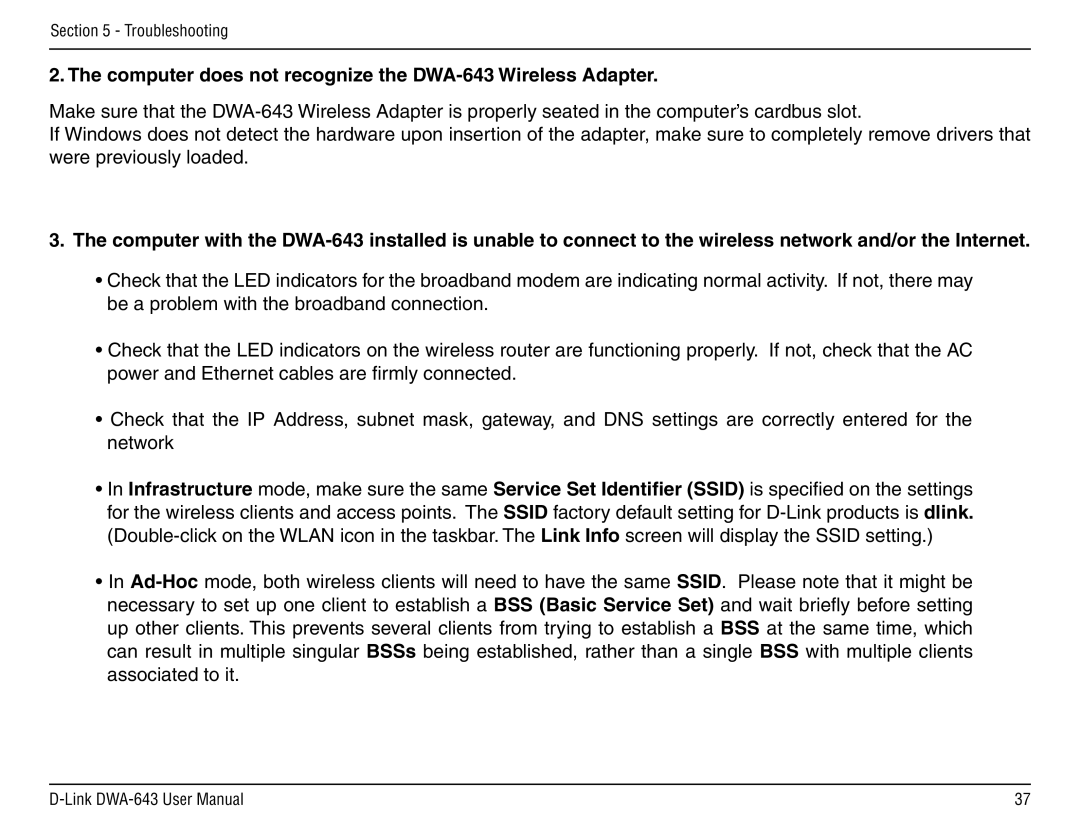 D-Link manual Computer does not recognize the DWA-643 Wireless Adapter 