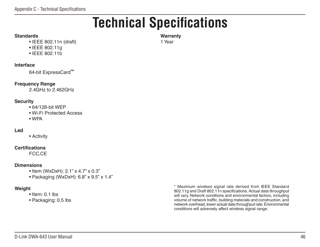 D-Link DWA-643 manual Technical Specifications, Weight 