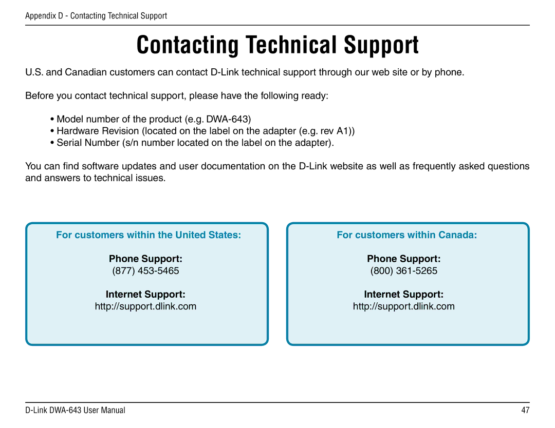 D-Link DWA-643 manual Contacting Technical Support, For customers within the United States 