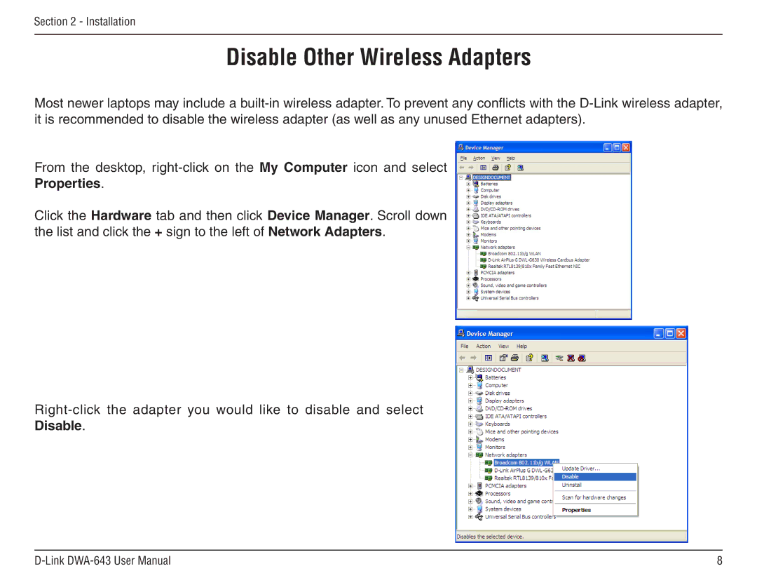 D-Link DWA-643 manual Disable Other Wireless Adapters, Properties 