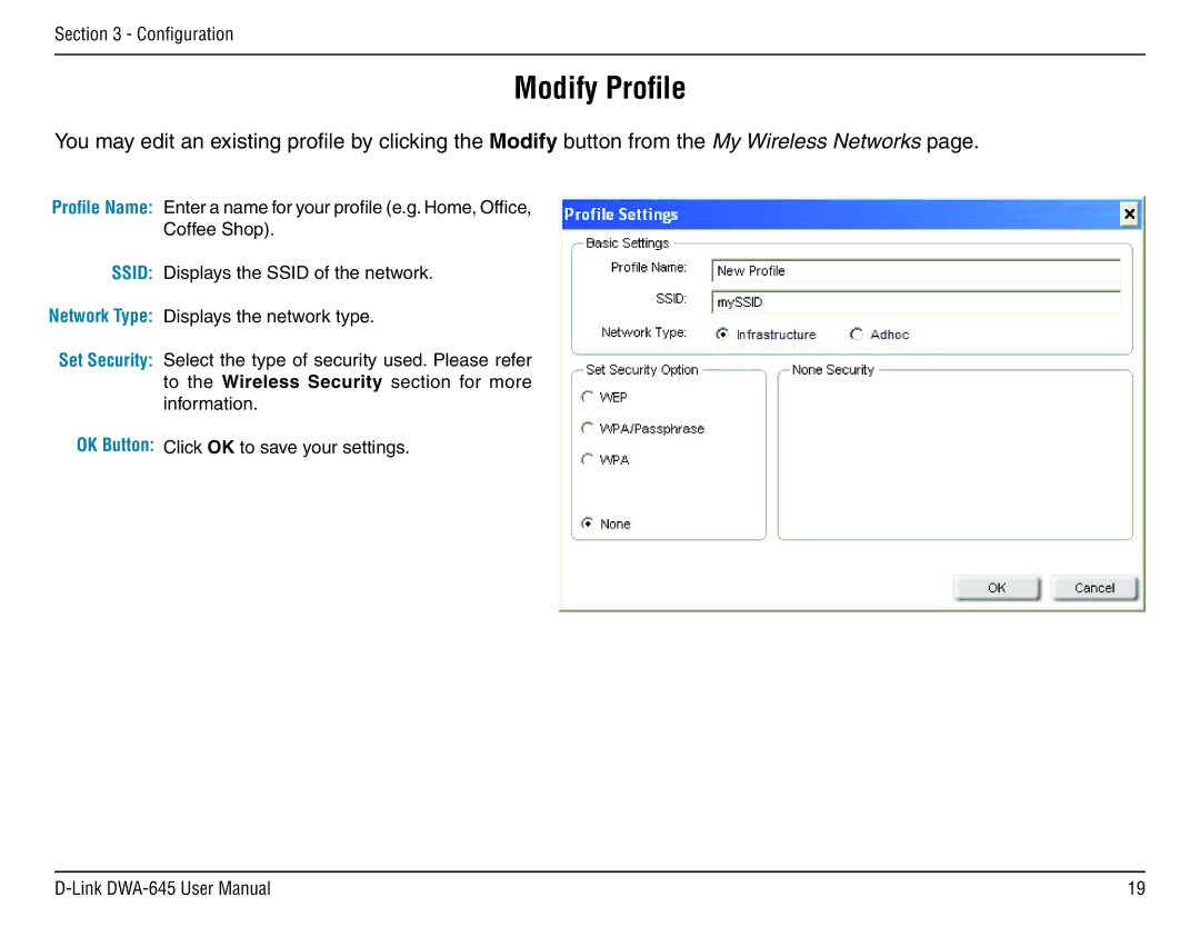 D-Link DWA-645 manual Modify Proﬁle 