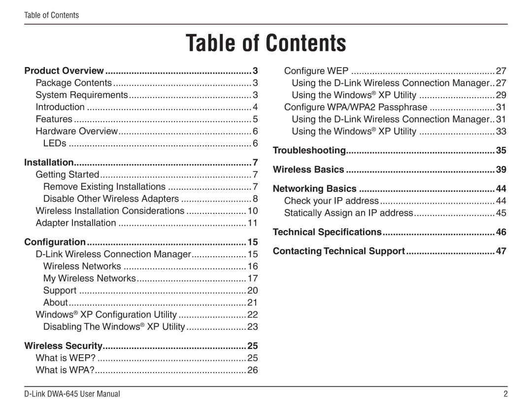 D-Link DWA-645 manual Table of Contents 