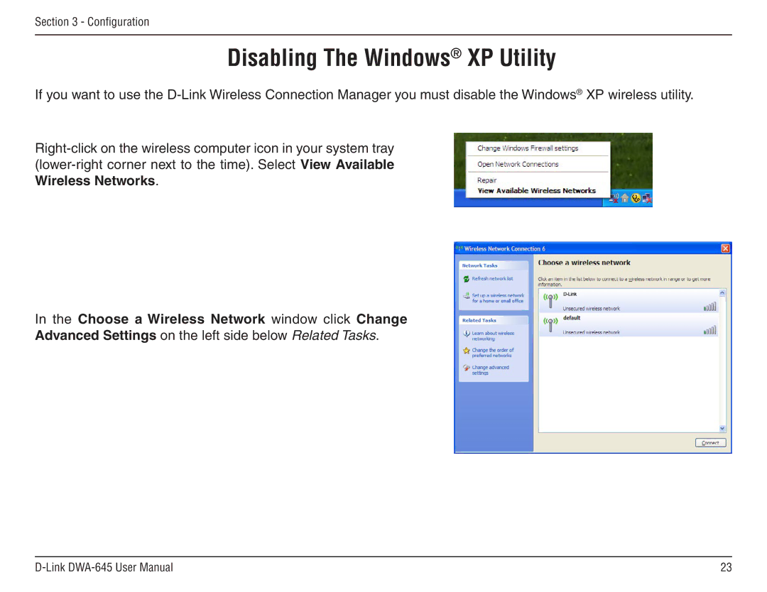 D-Link DWA-645 manual Disabling The Windows XP Utility, Choose a Wireless Network window click Change 