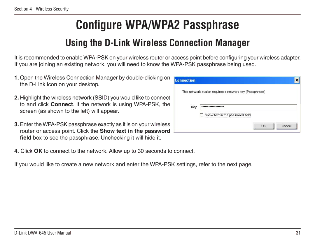 D-Link DWA-645 manual Conﬁgure WPA/WPA2 Passphrase, Using the D-Link Wireless Connection Manager 