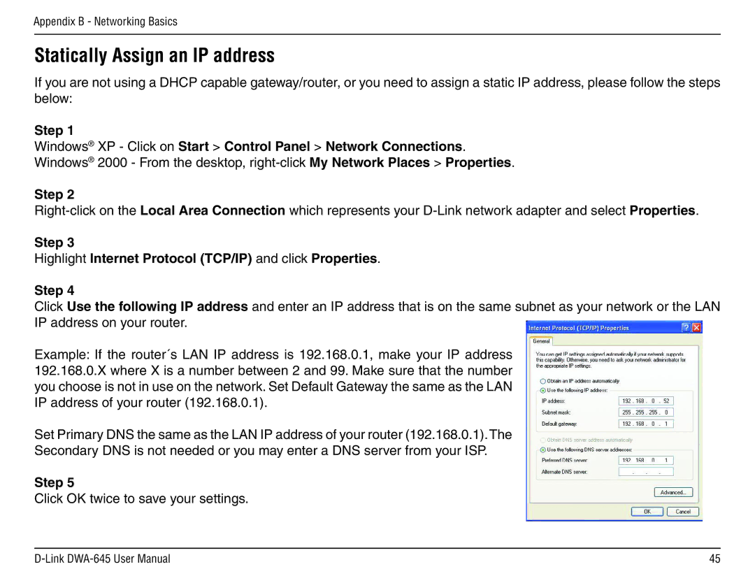 D-Link DWA-645 manual Step Highlight Internet Protocol TCP/IP and click Properties 