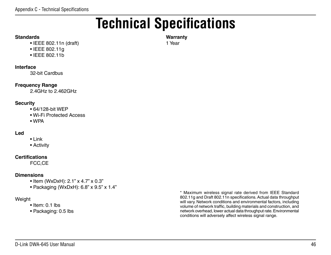 D-Link DWA-645 manual Technical Speciﬁcations, Dimensions 