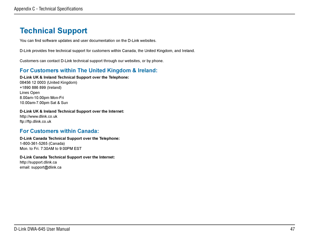 D-Link DWA-645 manual Technical Support 