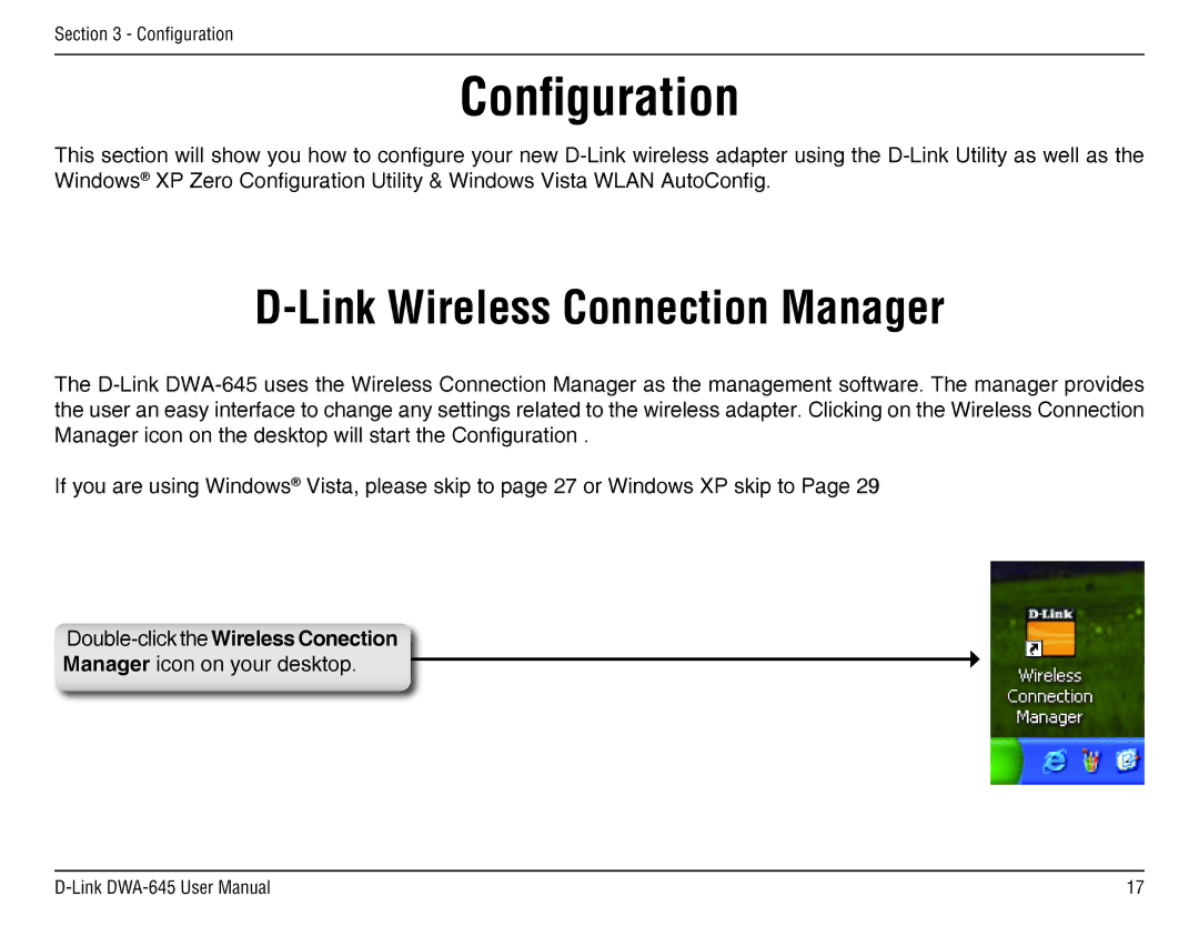 D-Link DWA-645 manual Configuration, Link Wireless Connection Manager, Double-click the Wireless Conection 