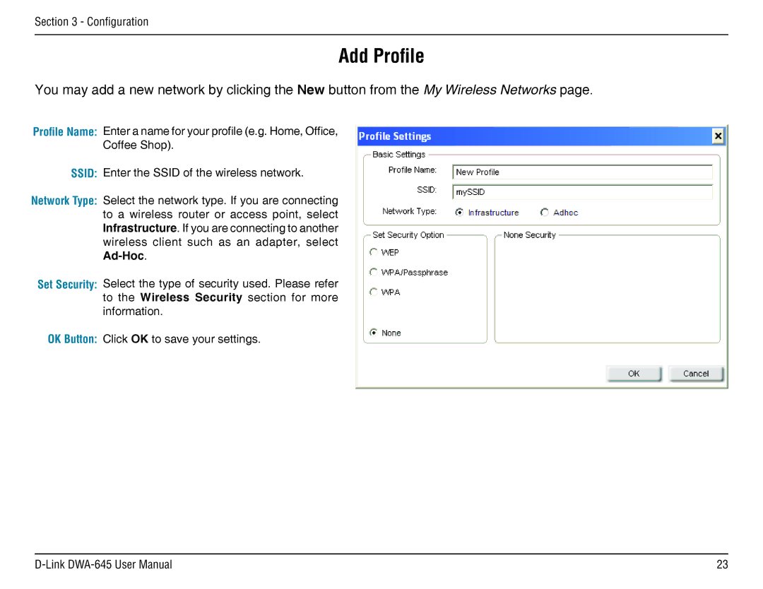 D-Link DWA-645 manual Add Profile 