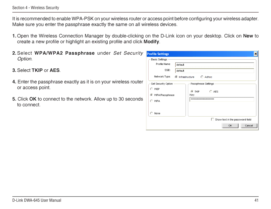 D-Link DWA-645 manual Select WPA/WPA2 Passphrase under Set Security Option 