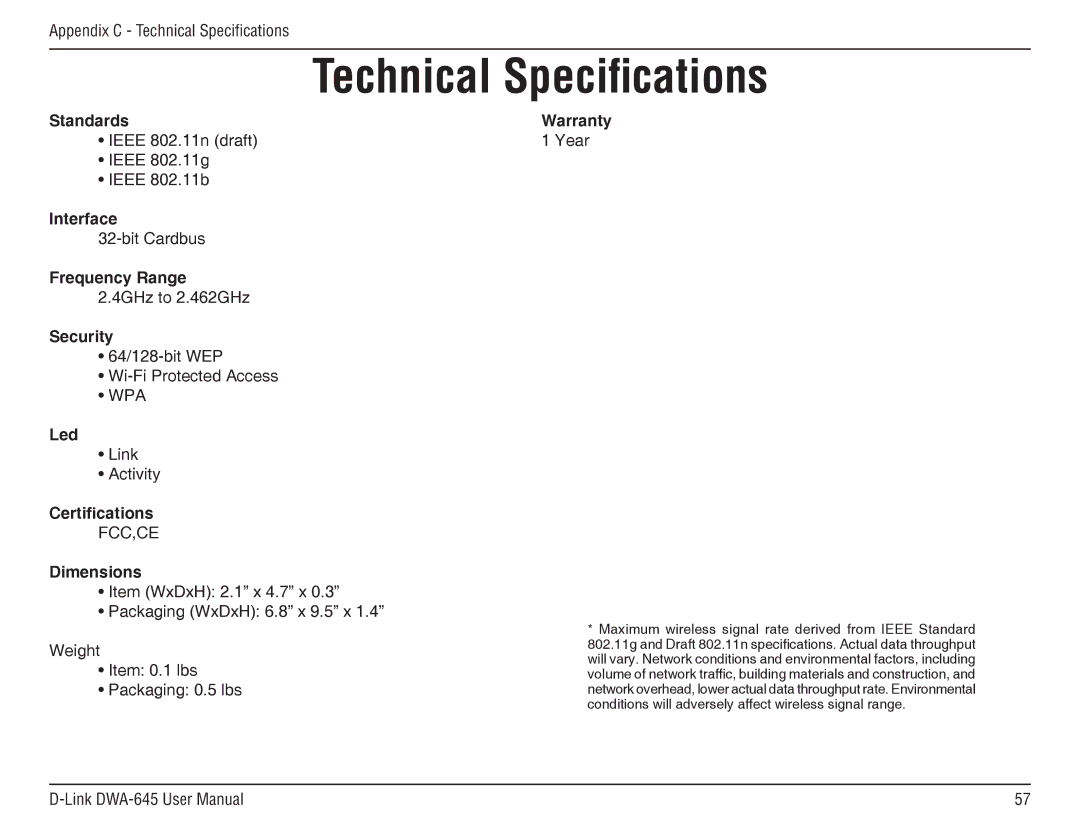 D-Link DWA-645 manual Technical Specifications, Dimensions 