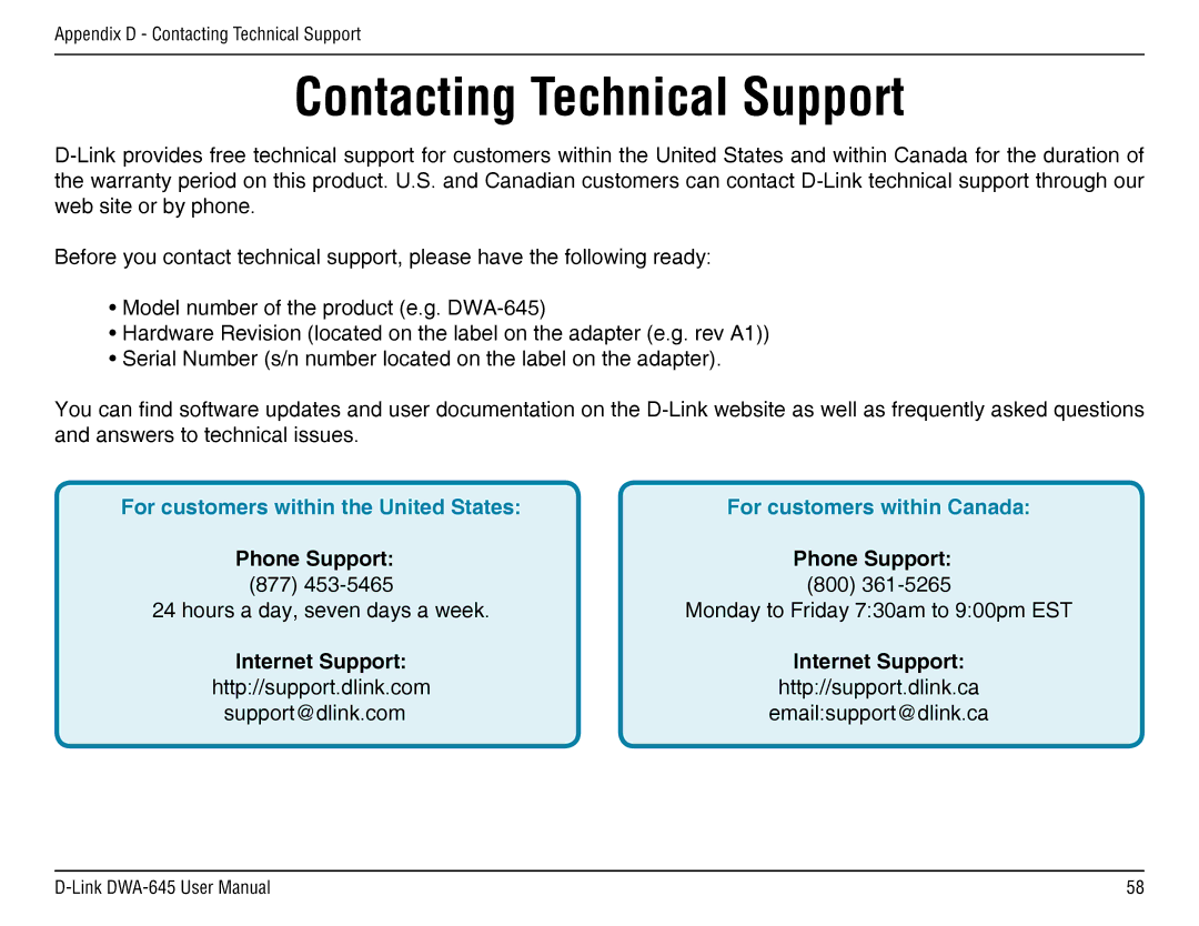 D-Link DWA-645 manual Contacting Technical Support, Phone Support 