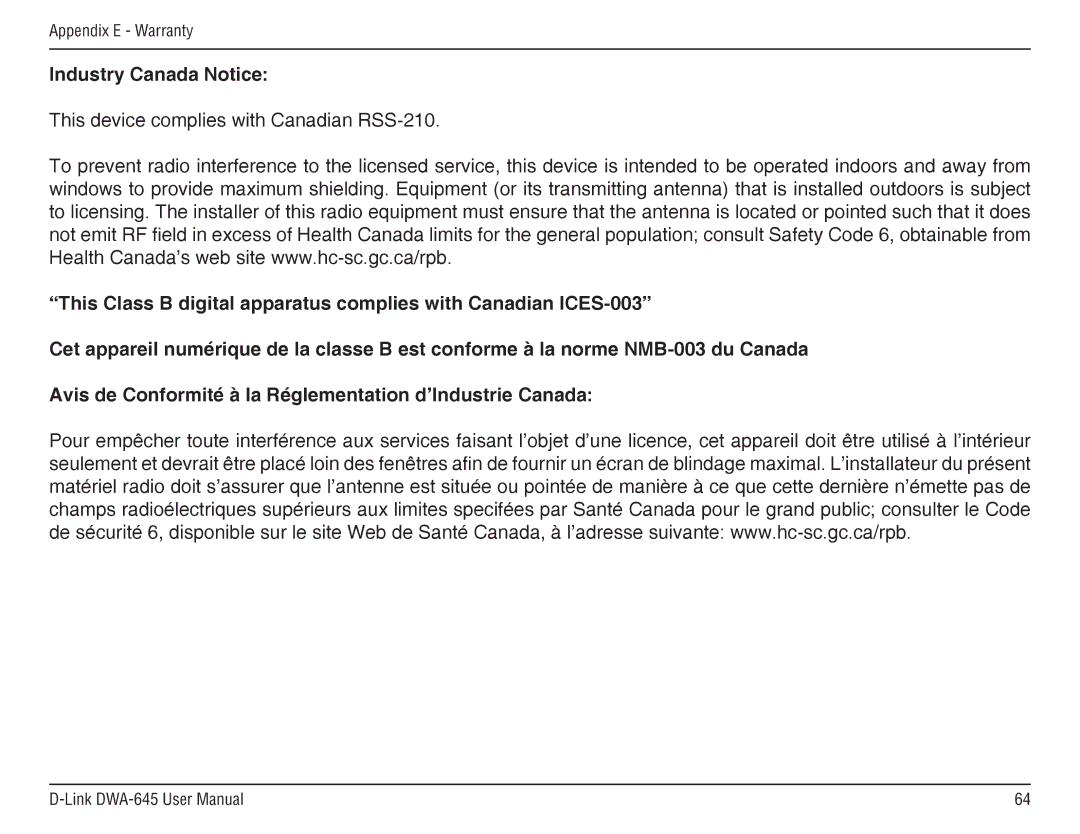 D-Link DWA-645 manual Industry Canada Notice 